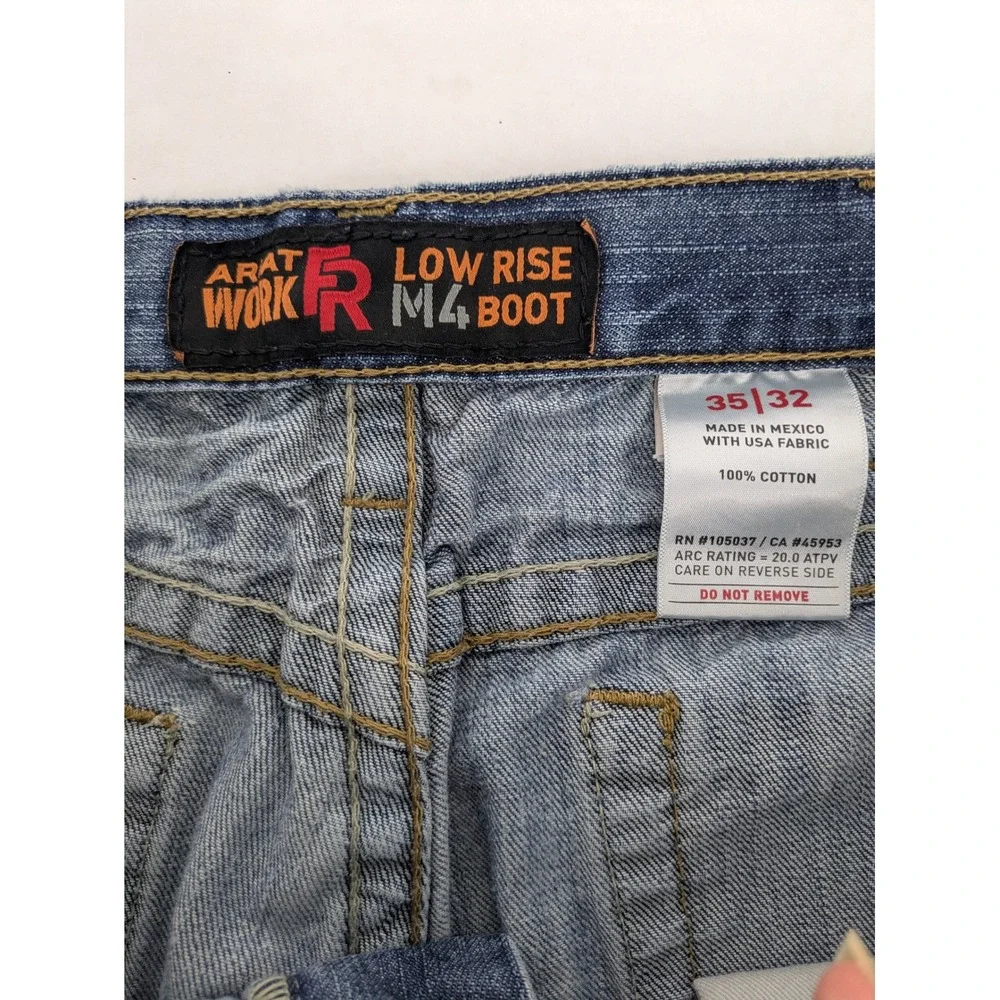 Ariat FR M4 Low Rise Boot Cut Jeans Mens 35x32 Blue Distressed Thrashed Workwear